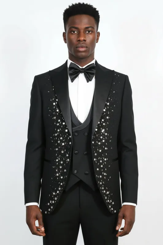 Men's Black Peak Lapel 3-Piece Tuxedo Suit with Silver Square Crystal Trim - Wessi made by Wessi