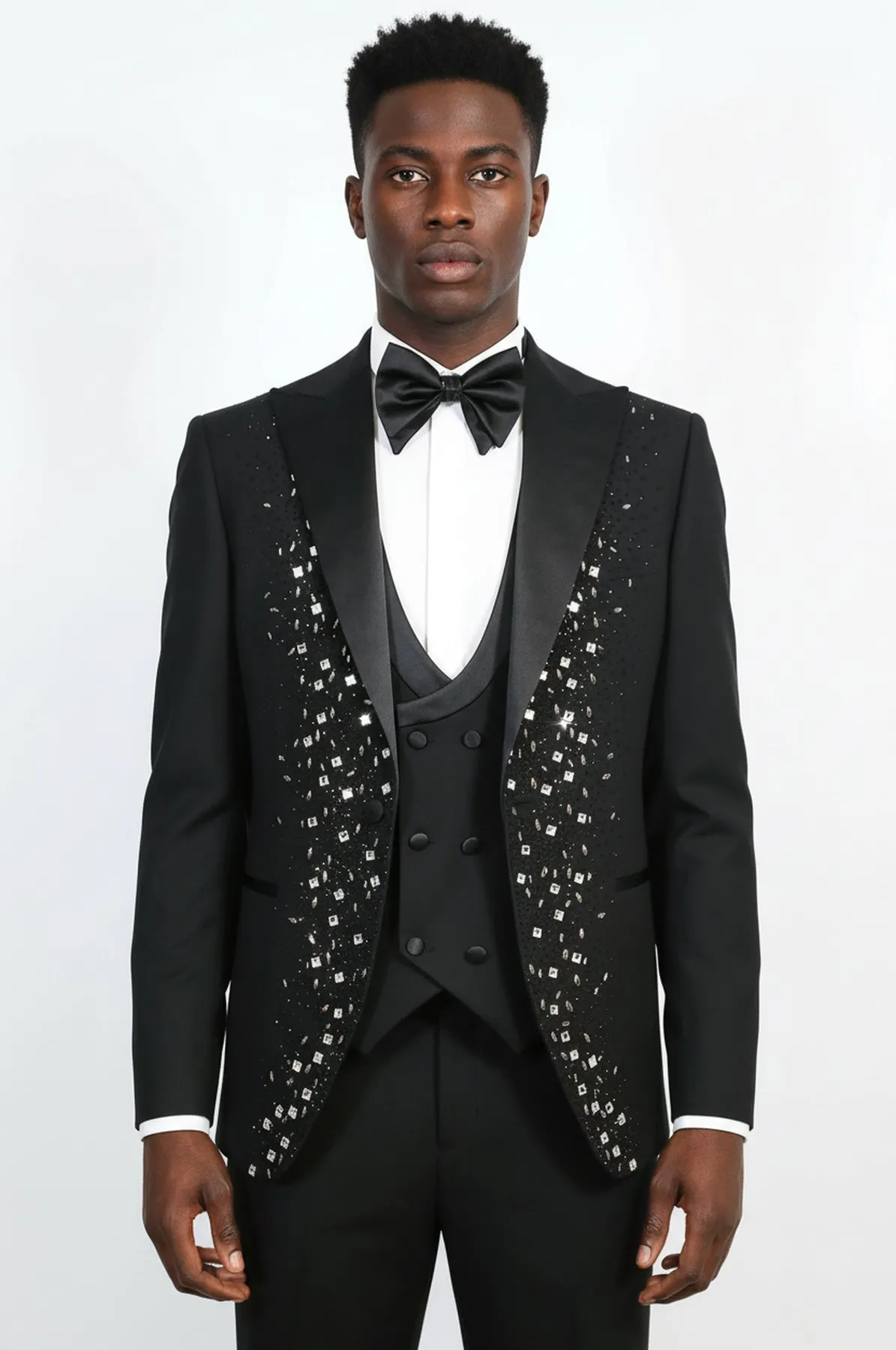 Men's Black Peak Lapel 3-Piece Tuxedo Suit with Silver Square Crystal Trim - Wessi sold by Wessi