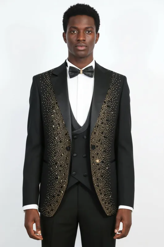 Men's Black Peak Lapel 3-Piece Tuxedo Suit with Gold Rhinestone Trim - Wessi made by Wessi