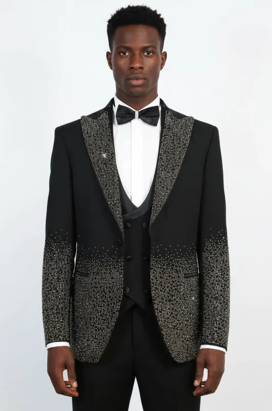 Men's Black Peak Lapel Tuxedo with Anthracite Hem-Embellished Rhinestones 3-Piece - Wessi made by Wessi