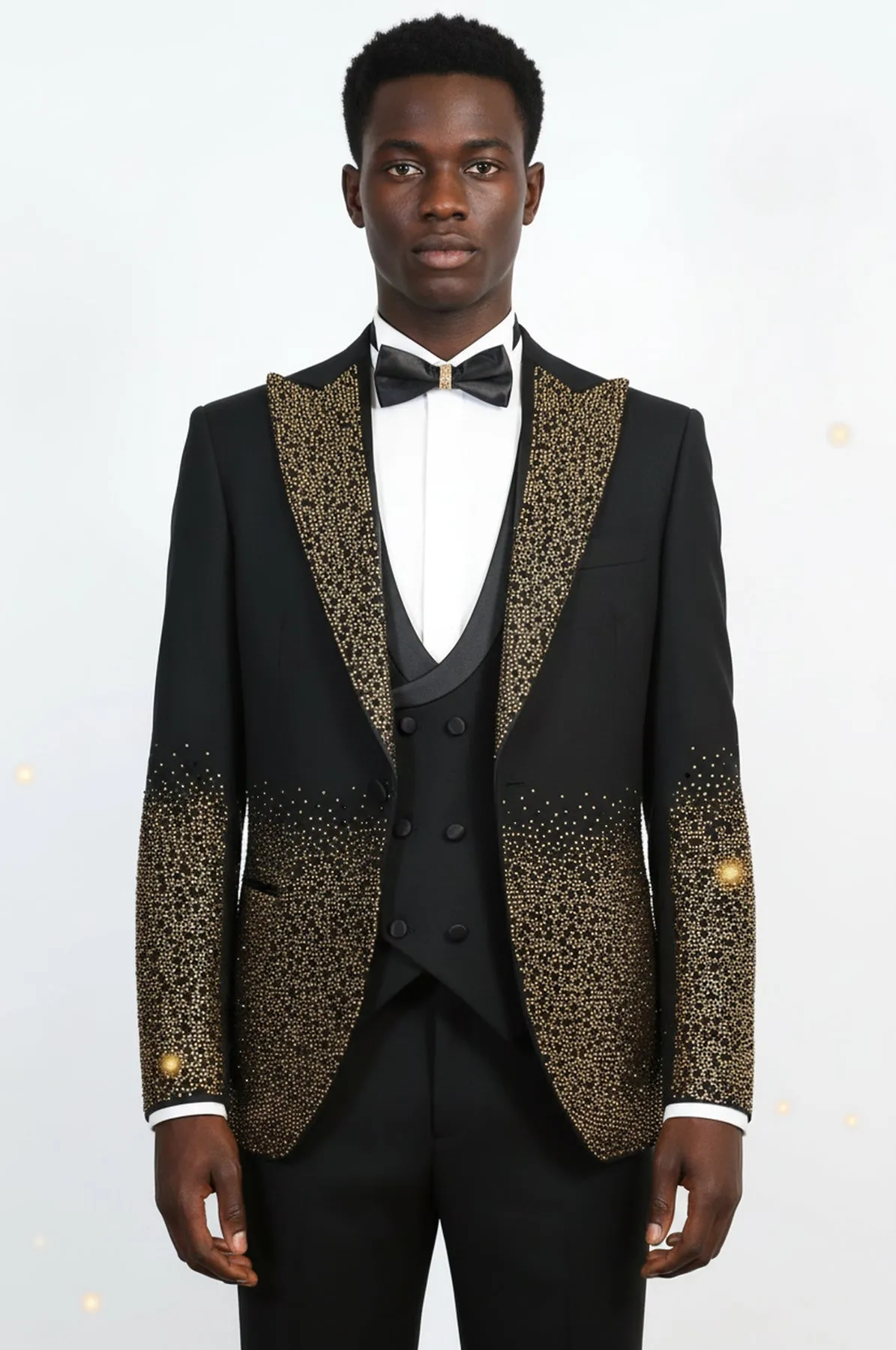 Men's Black Peak Lapel Tuxedo with Gold Hem-Embellished Rhinestones 3-Piece - Wessi sold by Wessi
