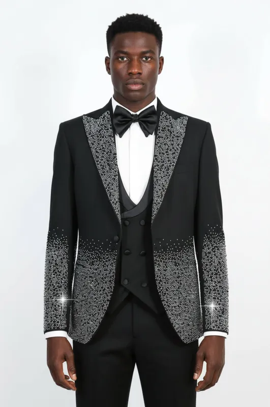 Men's Black Peak Lapel Tuxedo with Silver Hem-Embellished Rhinestones 3-Piece - Wessi made by Wessi
