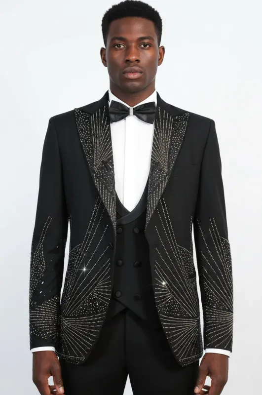 Black Silver Sunburst Rhinestone Peak Lapel Tuxedo Suit – Wessi made by Wessi
