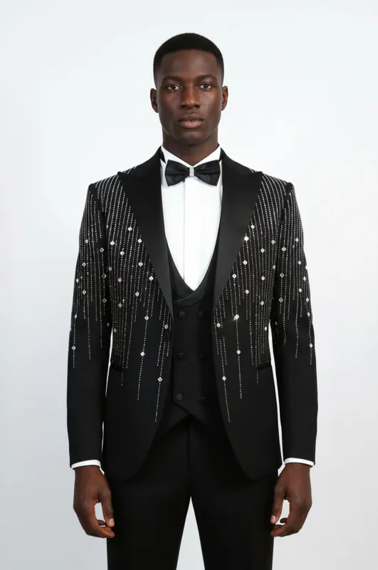 Black Crystal Embellished Slim Fit Peak Lapel Tuxedo Suit – Wessi made by Wessi