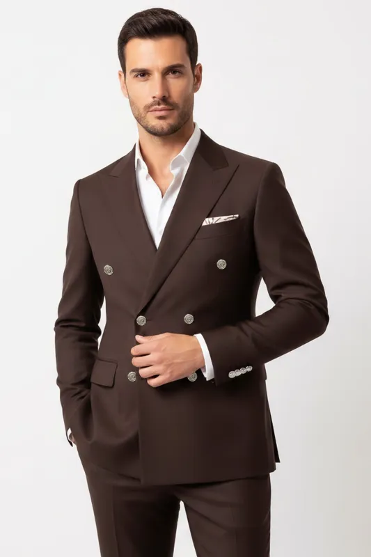 Modern Fit Double-Breasted Brown Men's Suit with Silver-Tone Buttons – Wessi made by Wessi