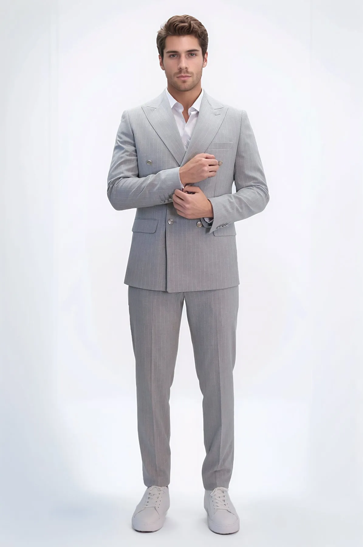 Pinstripe Double-Breasted Light Grey Men's Suit with Silver Buttons – Wessi sold by Wessi product image thumbnail 5