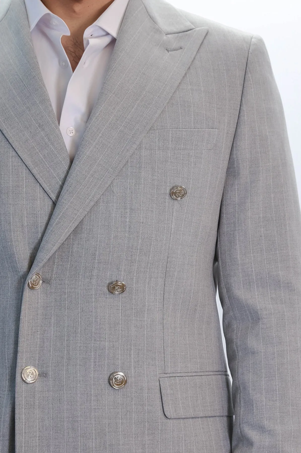 Pinstripe Double-Breasted Light Grey Men's Suit with Silver Buttons – Wessi sold by Wessi product image thumbnail 2