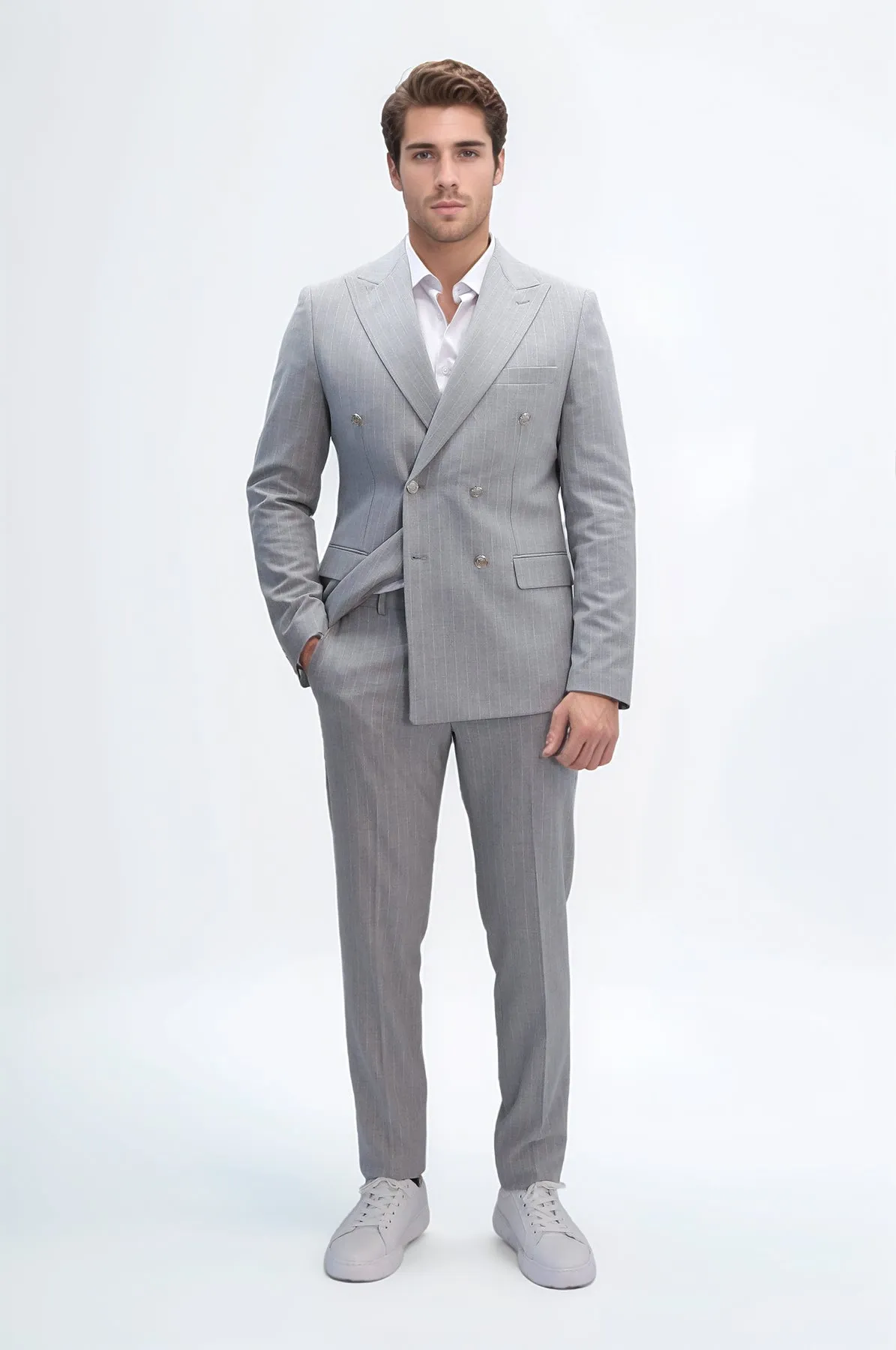 Pinstripe Double-Breasted Light Grey Men's Suit with Silver Buttons – Wessi sold by Wessi product image thumbnail 3