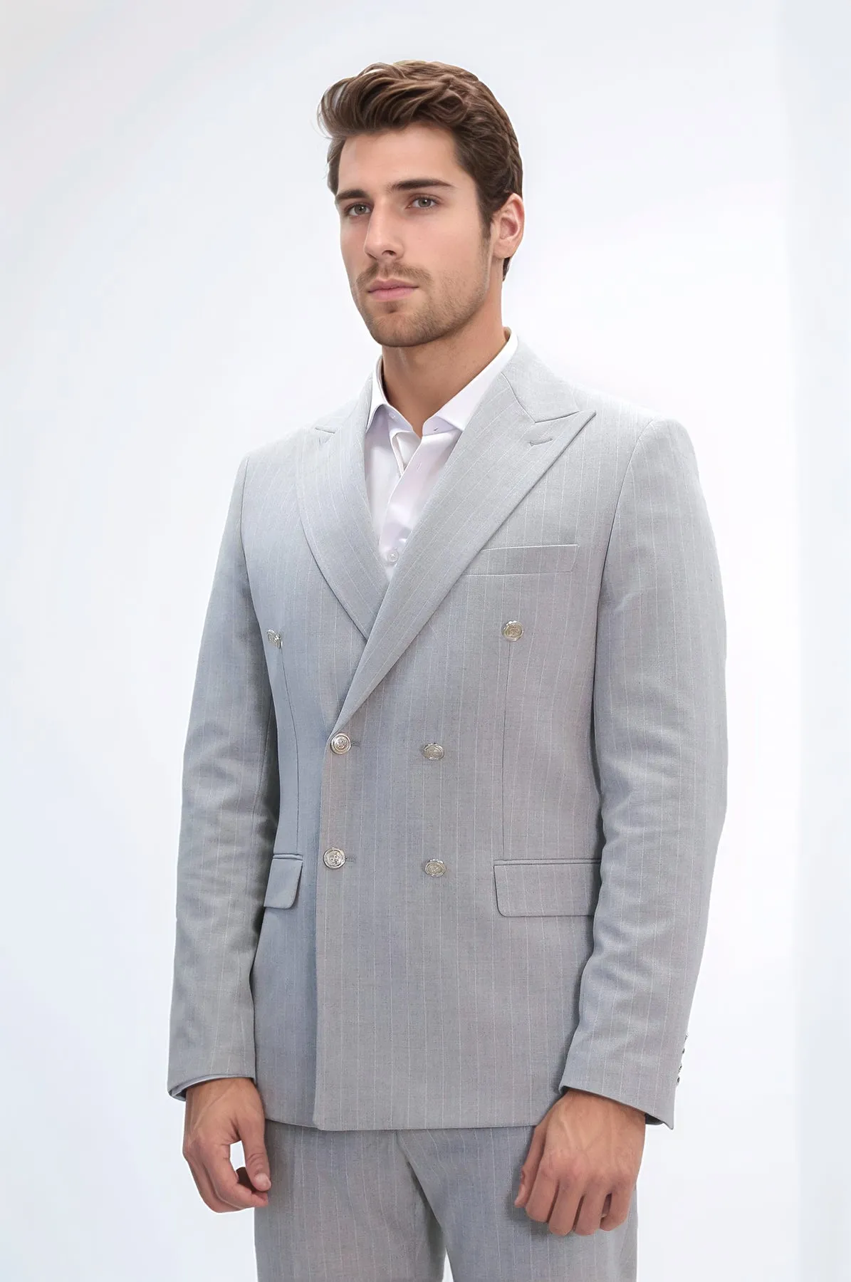Pinstripe Double-Breasted Light Grey Men's Suit with Silver Buttons – Wessi sold by Wessi product image thumbnail 4