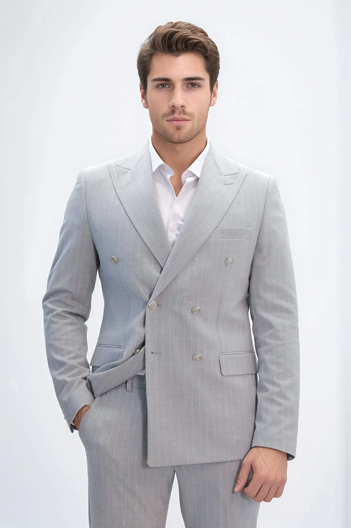 Pinstripe Double-Breasted Light Grey Men's Suit with Silver Buttons – Wessi sold by Wessi
