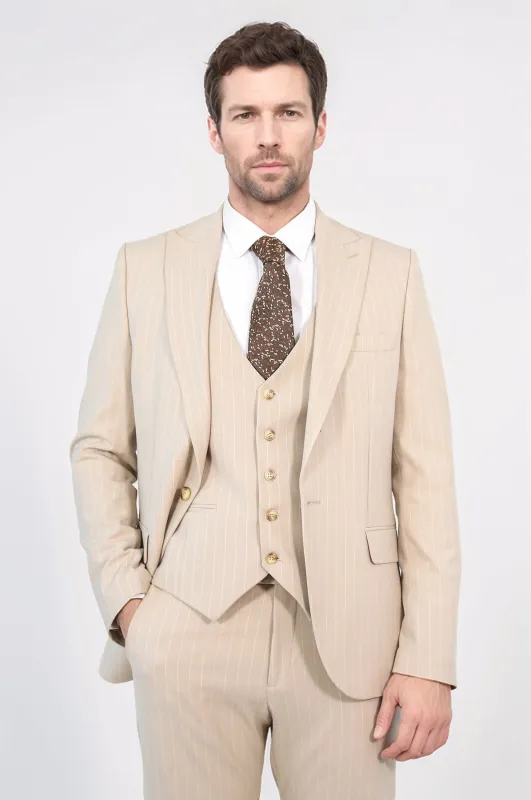Pinstripe Single Button with Vested Cream Mens Suit - Wessi made by Wessi