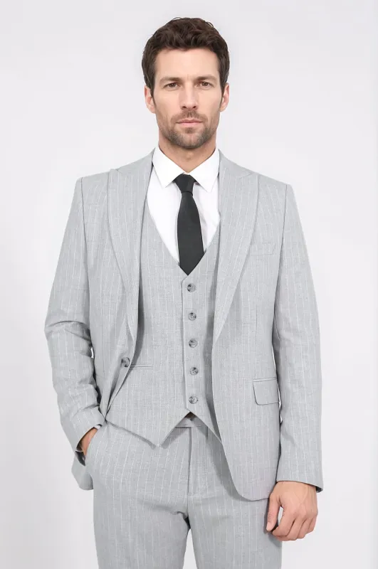 Pinstripe Single Button with Vested Light Grey Mens Suit - Wessi made by Wessi