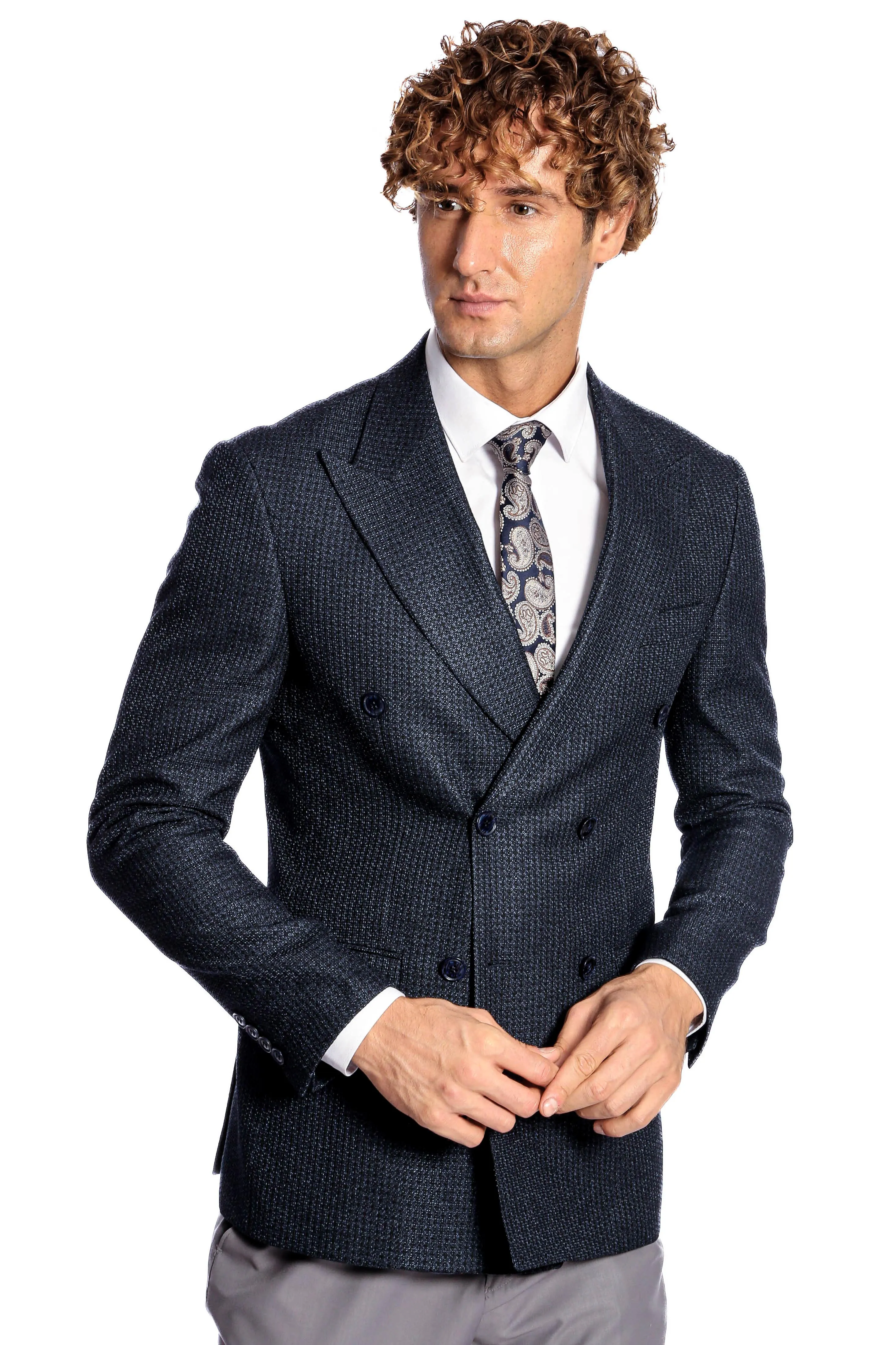 Houndstooth Patterned Navy Blue Men Double Breasted Blazer - Wessi sold by Wessi