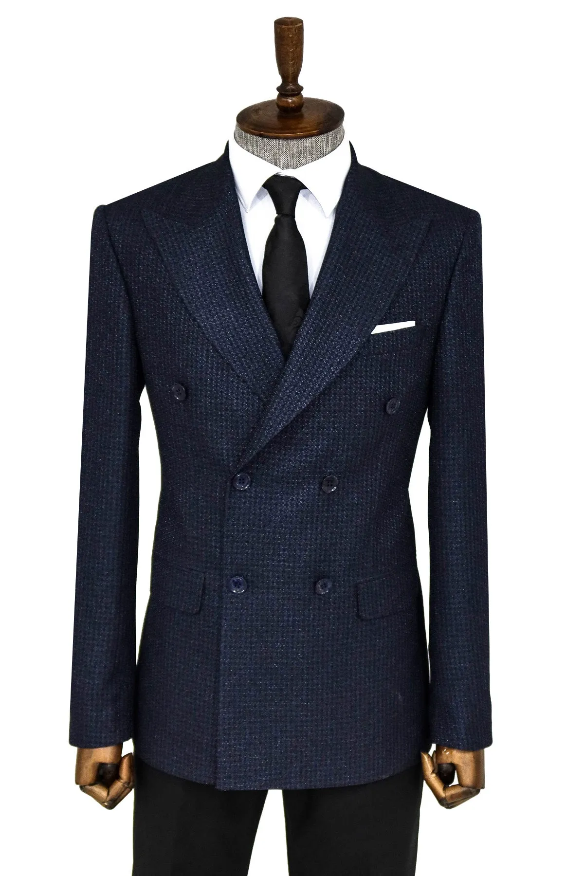 Houndstooth Patterned Navy Blue Men Double Breasted Blazer - Wessi sold by Wessi product image thumbnail 5