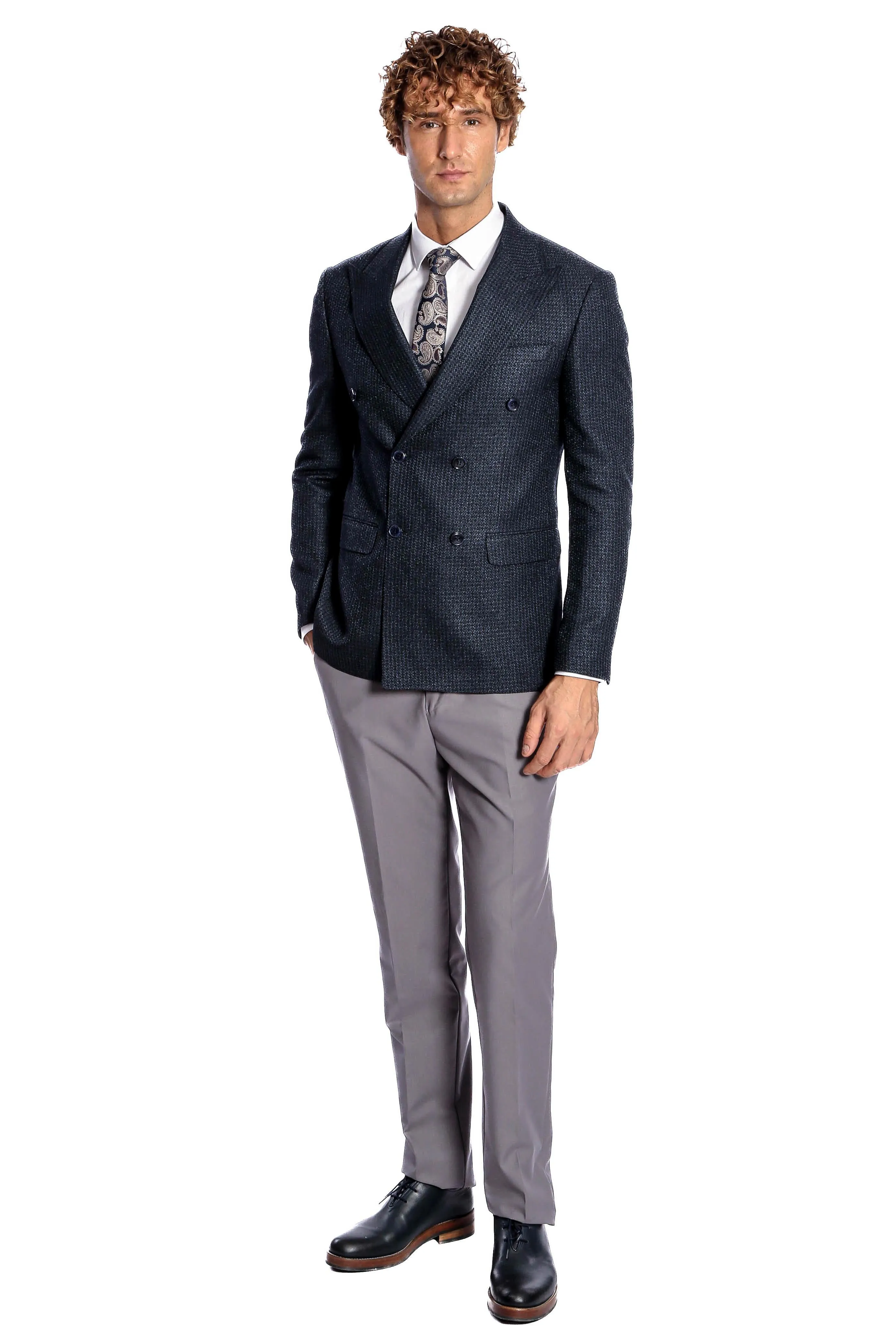 Houndstooth Patterned Navy Blue Men Double Breasted Blazer - Wessi sold by Wessi product image thumbnail 3