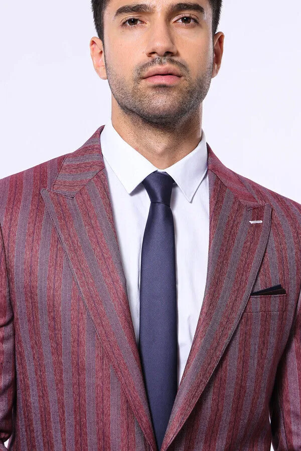 Striped Slim Fit Single Button Burgundy Men Blazer - Wessi sold by Wessi product image thumbnail 2