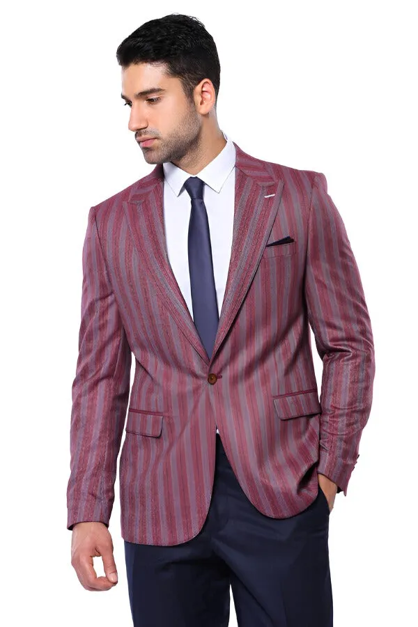 Striped Slim Fit Single Button Burgundy Men Blazer - Wessi sold by Wessi product image thumbnail 5