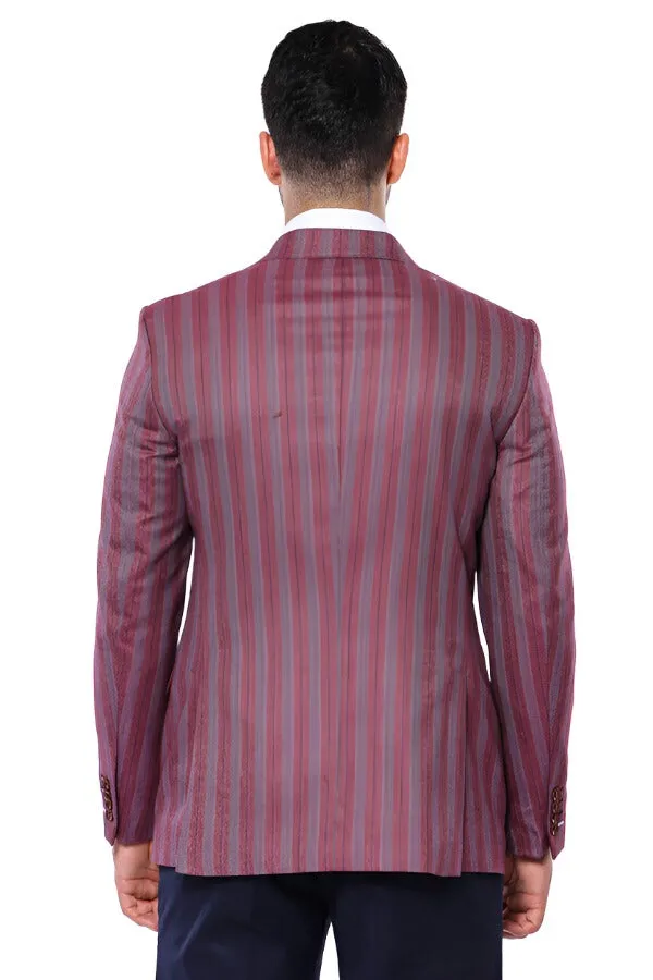 Striped Slim Fit Single Button Burgundy Men Blazer - Wessi sold by Wessi product image thumbnail 4