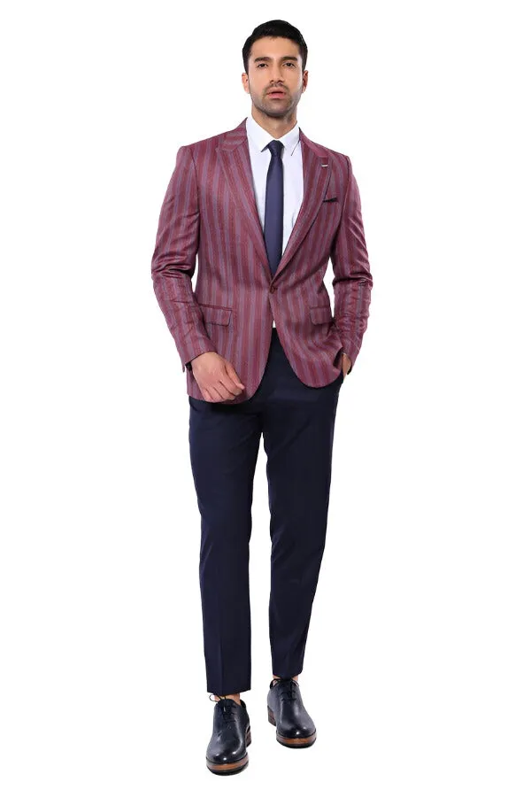 Striped Slim Fit Single Button Burgundy Men Blazer - Wessi sold by Wessi product image thumbnail 3