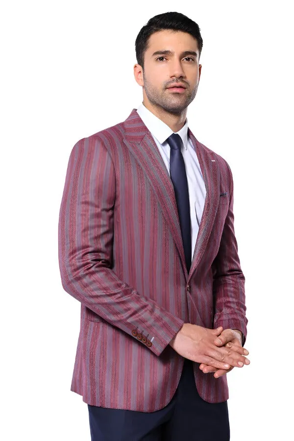 Striped Slim Fit Single Button Burgundy Men Blazer - Wessi sold by Wessi