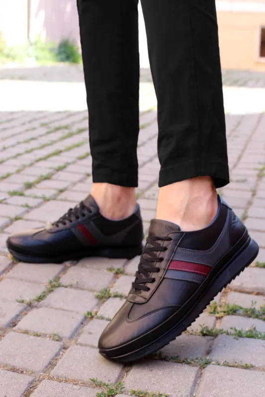 Men's Dark Brown Leather Sneakers with Burgundy Stripe - Wessi sold by Wessi