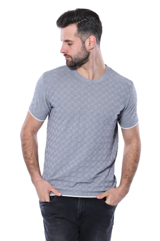 Grey Patterned Tricot Knitted T-Shirt - Wessi sold by Wessi