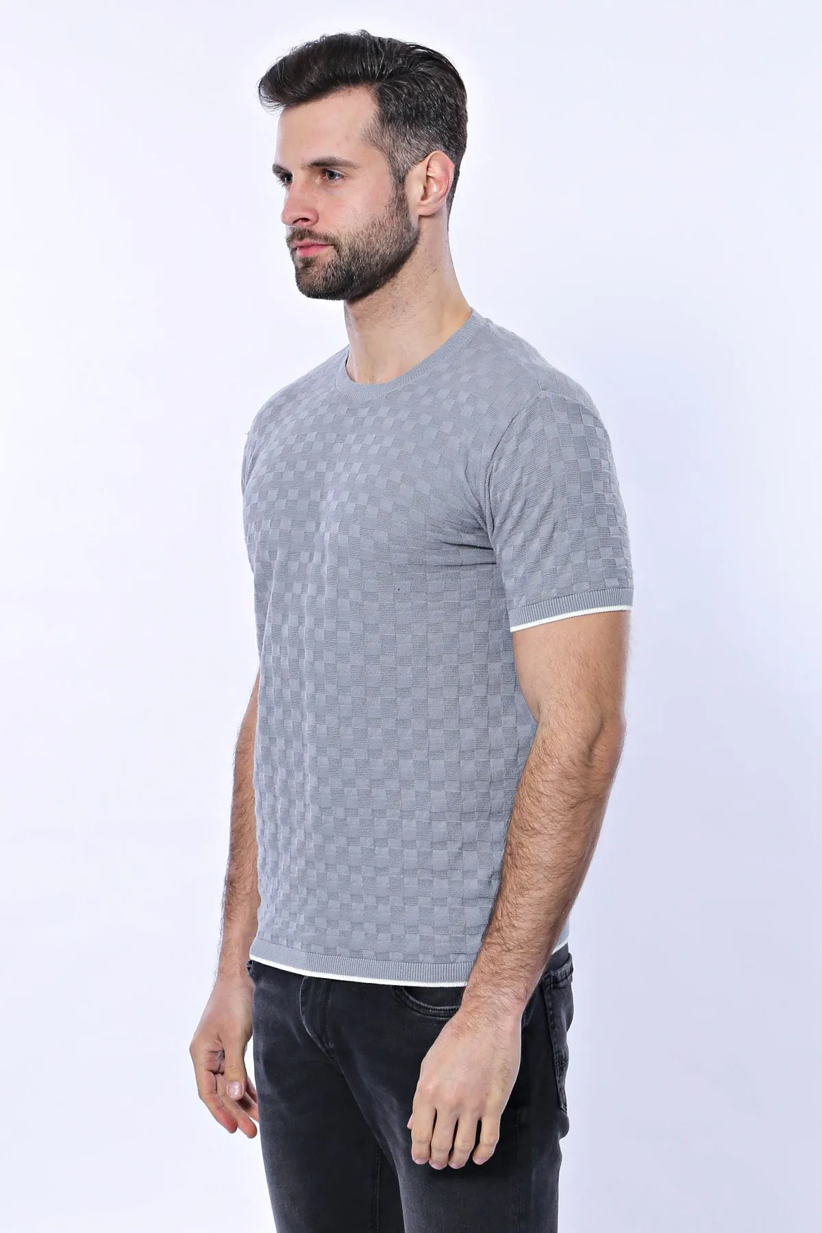 Grey Patterned Tricot Knitted T-Shirt - Wessi sold by Wessi product image thumbnail 3