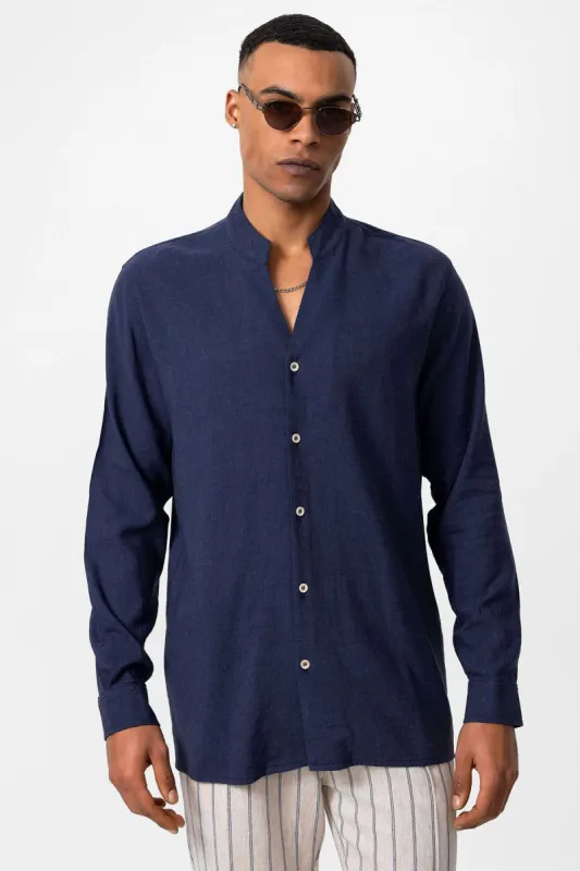 Navy Blue Judge Collar Long Sleeve Men's Shirt - Wessi sold by Wessi