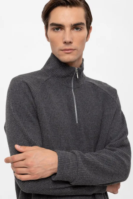 Grey Half Zipper High Collar Men's Sweater - Wessi sold by Wessi