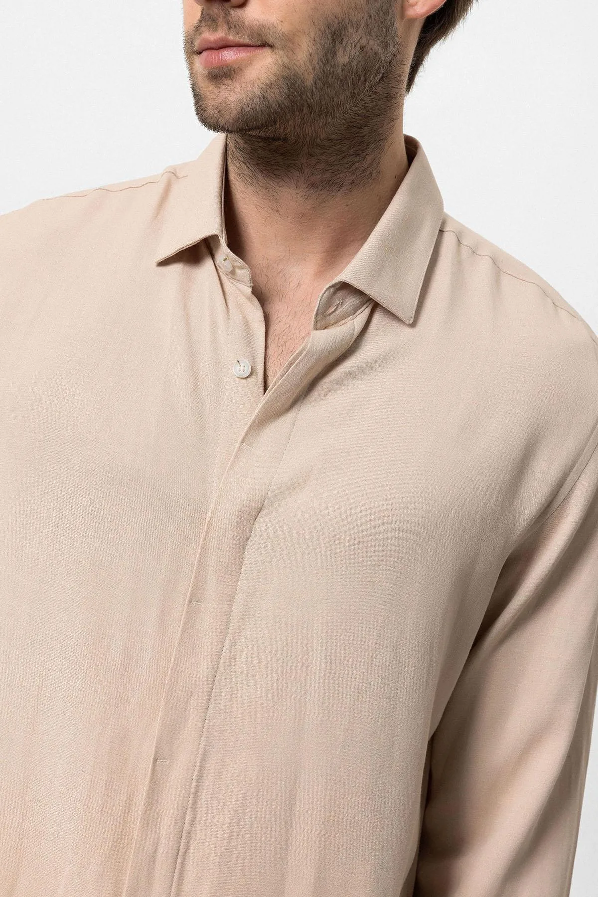 Beige Hidden Button Linen Blend Men's Shirt - Wessi sold by Wessi product image thumbnail 5