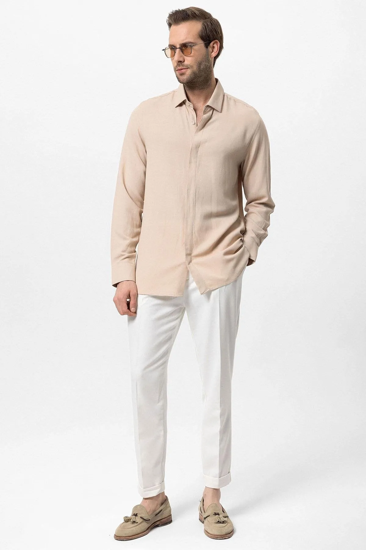 Beige Hidden Button Linen Blend Men's Shirt - Wessi sold by Wessi product image thumbnail 4