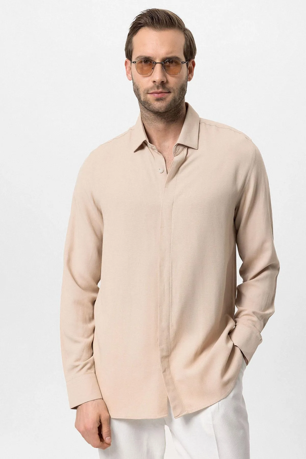 Beige Hidden Button Linen Blend Men's Shirt - Wessi sold by Wessi product image thumbnail 2