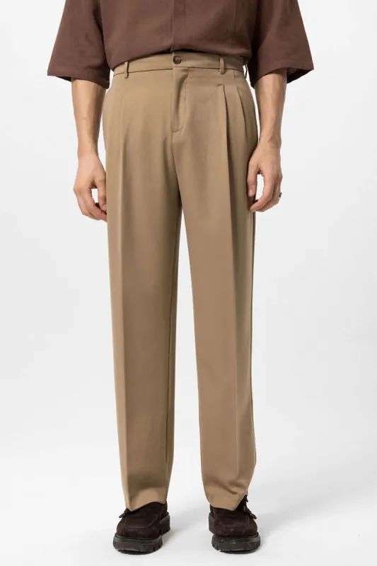 Men's Camel High Waist Pleated Comfortable Fit  Trousers - Wessi sold by Wessi