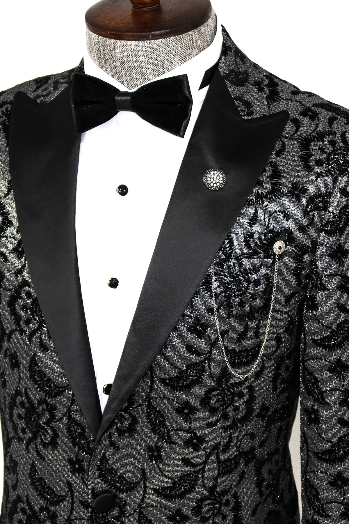 Floral Patterned Peak Lapel Smoked Men Dinner Party Blazer - Wessi sold by Wessi product image thumbnail 2