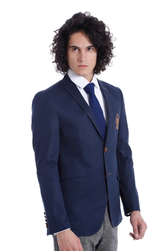 2 Buttons 3 Pockets Crested Cotton Blue Jacket - Wessi sold by Wessi