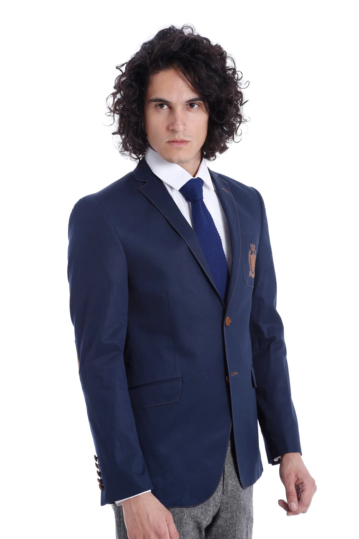 2 Buttons 3 Pockets Crested Cotton Blue Jacket - Wessi sold by Wessi