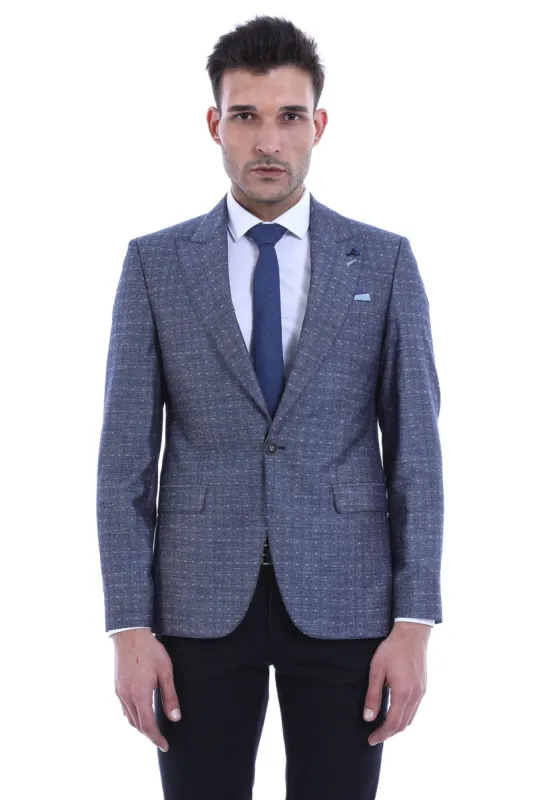 Navy Blue Linen Dot Patterned Jacket | Wessi sold by Wessi