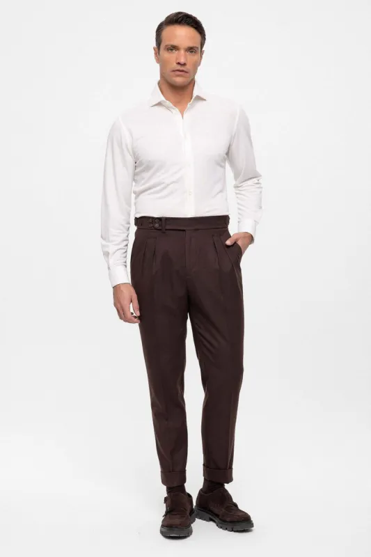 Brown Wool Look High Waist Pleated Men's Trousers - Wessi sold by Wessi