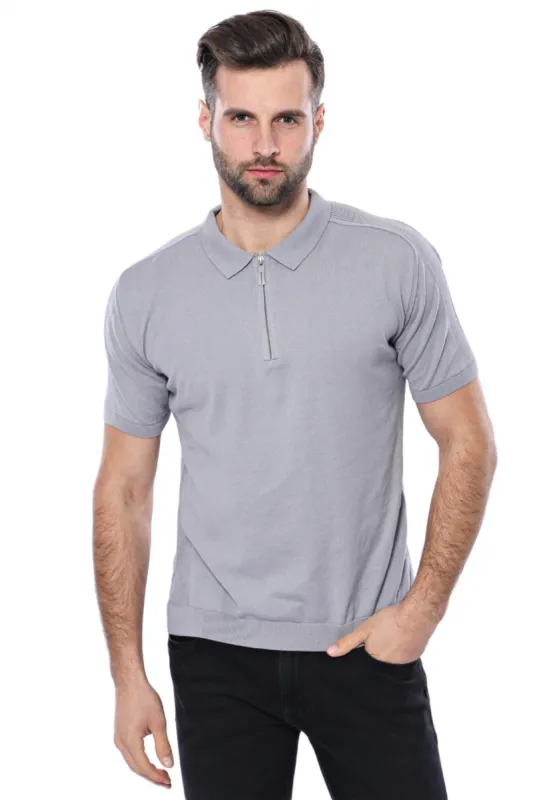 Circle Neck Patterned Grey Knitted T-Shirt - Wessi sold by Wessi