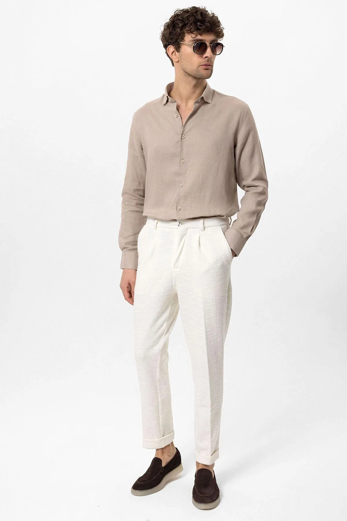 Men's Beige Collar Button Detailed 100% Linen Shirt - Wessi sold by Wessi product image thumbnail 3