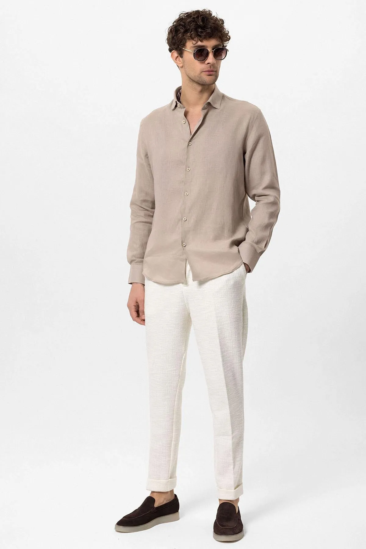 Men's Beige Collar Button Detailed 100% Linen Shirt - Wessi sold by Wessi product image thumbnail 4