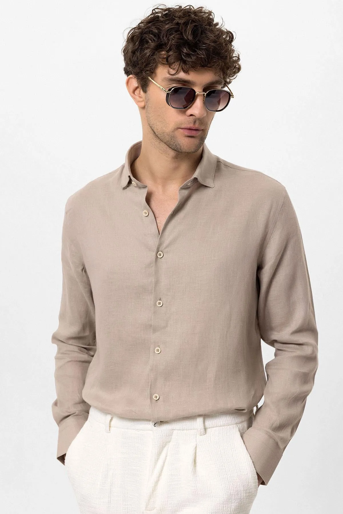 Men's Beige Collar Button Detailed 100% Linen Shirt - Wessi sold by Wessi