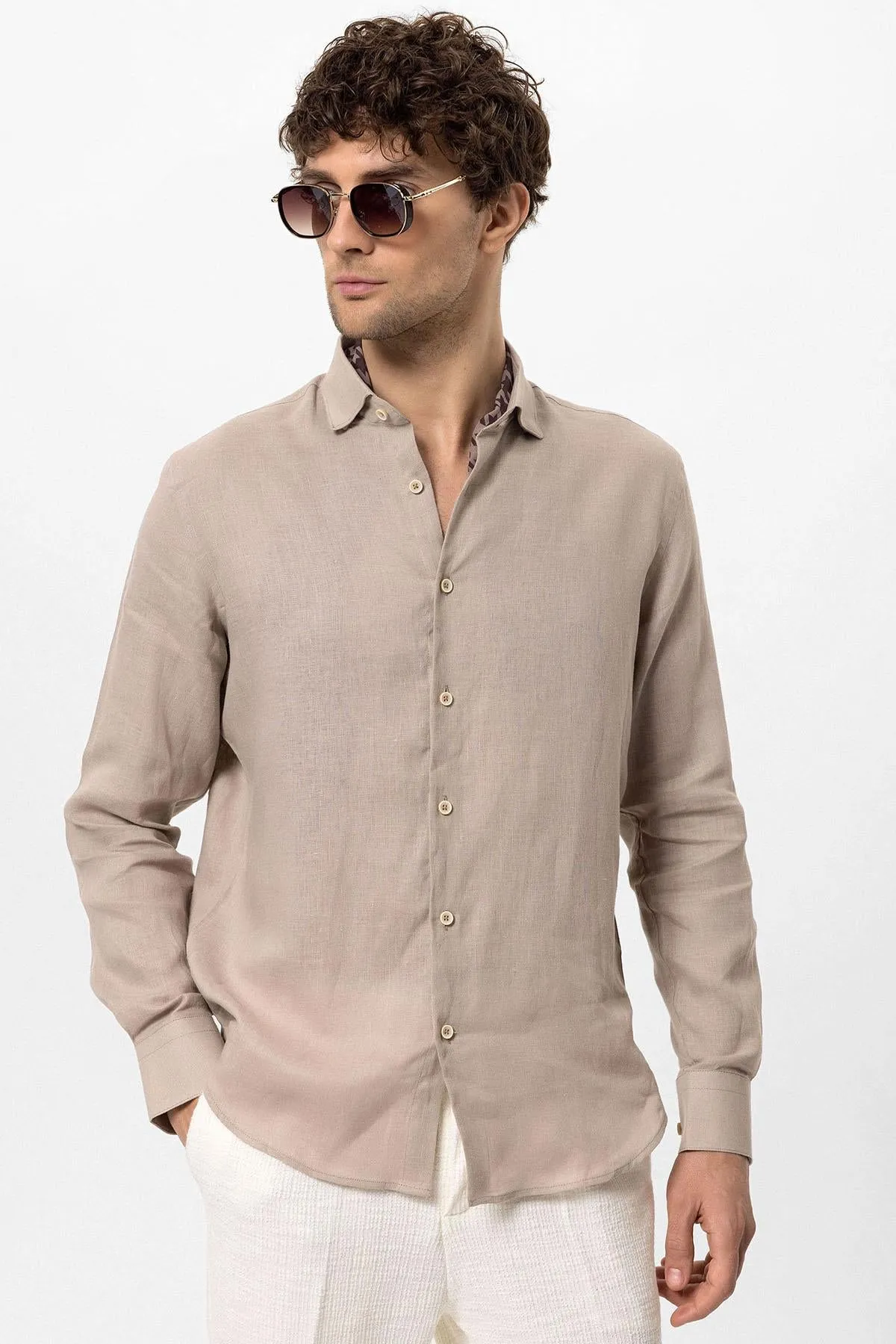 Men's Beige Collar Button Detailed 100% Linen Shirt - Wessi sold by Wessi product image thumbnail 2