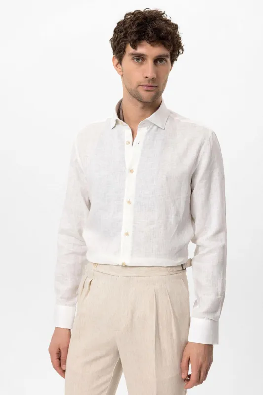 White Collar Button Detailed 100% Linen Men's Shirt - Wessi sold by Wessi