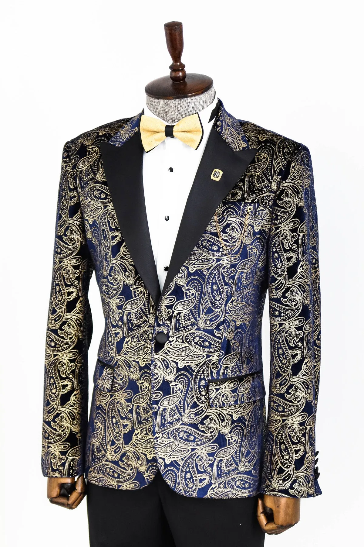 Gold Blue Patterned Over Navy Blue Men Tuxedo Blazer - Wessi sold by Wessi product image thumbnail 4