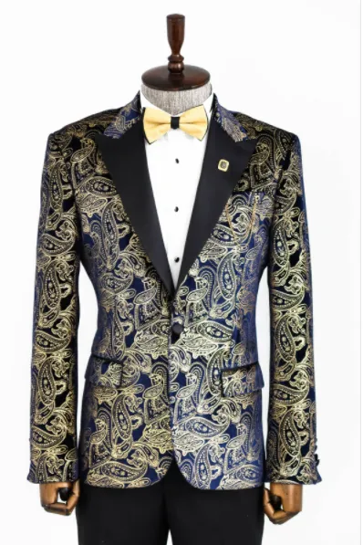Gold Blue Patterned Over Navy Blue Men Tuxedo Blazer - Wessi sold by Wessi