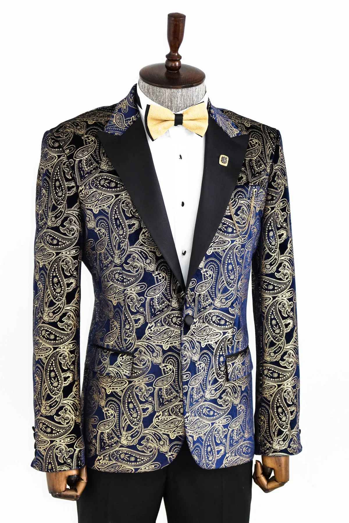 Gold Blue Patterned Over Navy Blue Men Tuxedo Blazer - Wessi sold by Wessi product image thumbnail 3
