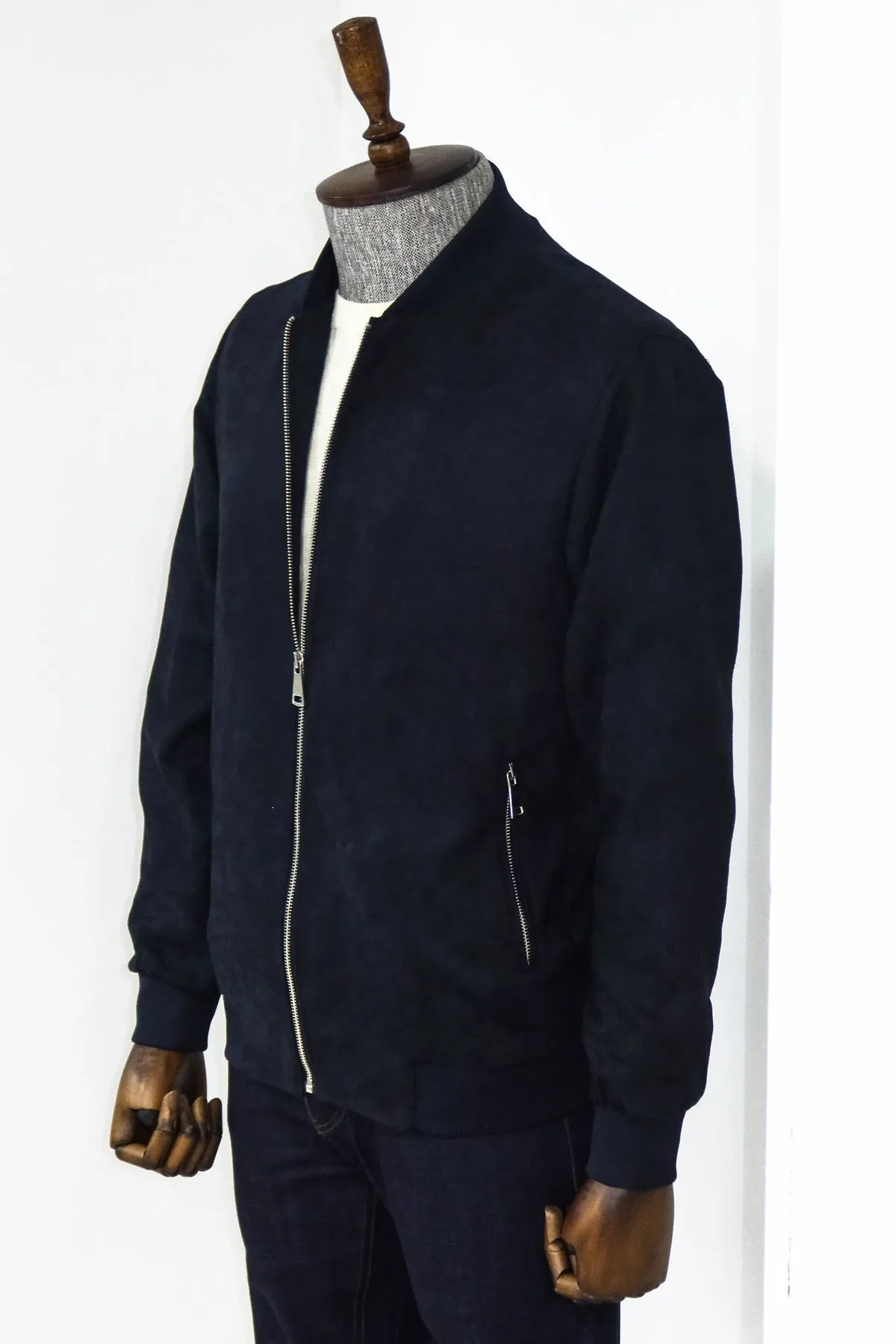 Plain Zippered Pockets Navy Blue Men Bomber Coat - Wessi sold by Wessi product image thumbnail 3