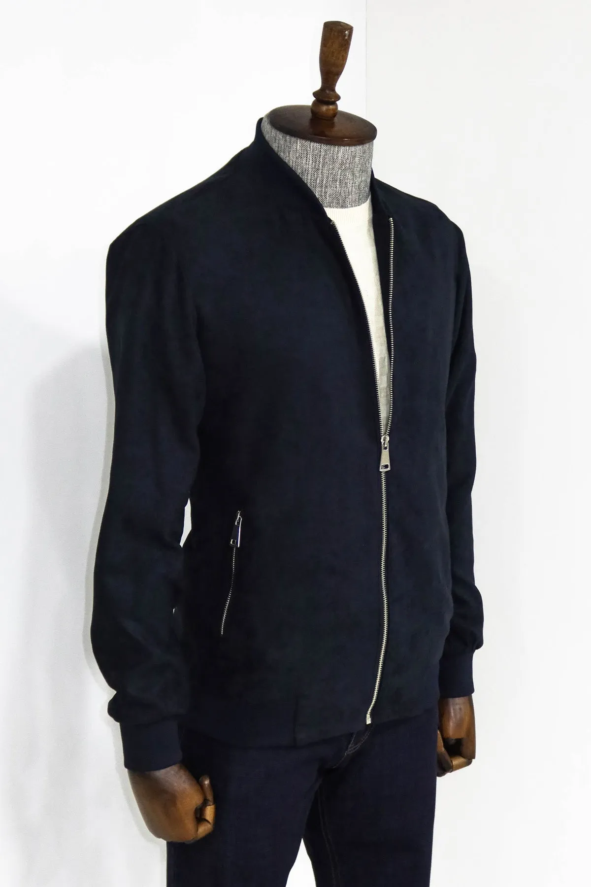 Plain Zippered Pockets Navy Blue Men Bomber Coat - Wessi sold by Wessi product image thumbnail 4