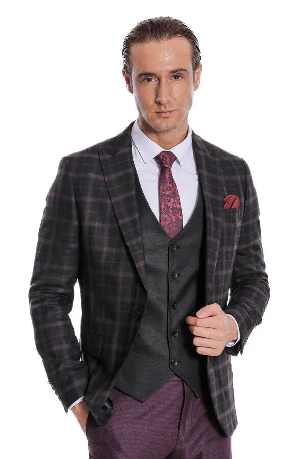 Purple Vested Slim Fit Checked Black Men Suit - Wessi sold by Wessi